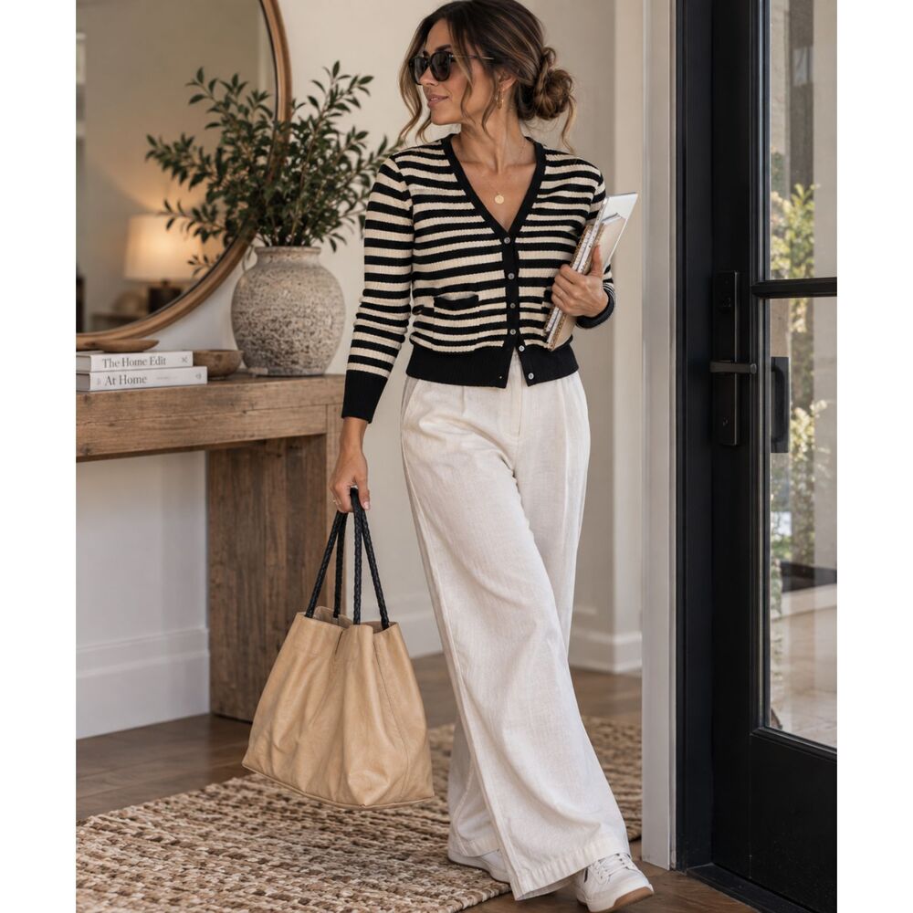 Black White Striped Cardigan Sweater V Neck Button Front Pockets Long Sleeve XL